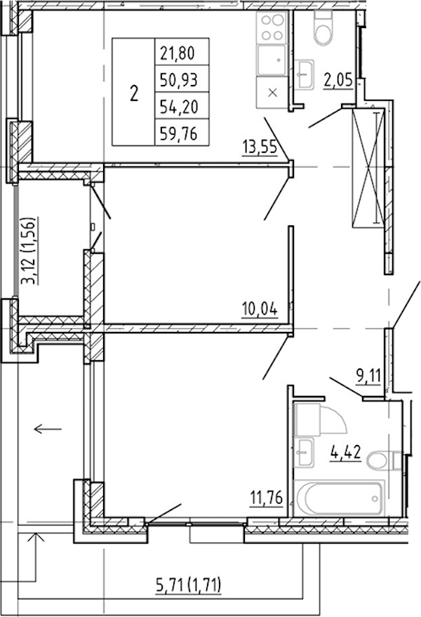 2-комнатная квартира 50.93 м², 11/12 эт., ЖК «Полис Новоселье»